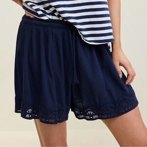 Aerie Off Duty Gauze Boxer Linen Crochet Lace Navy Blue High Rise Lounge Short